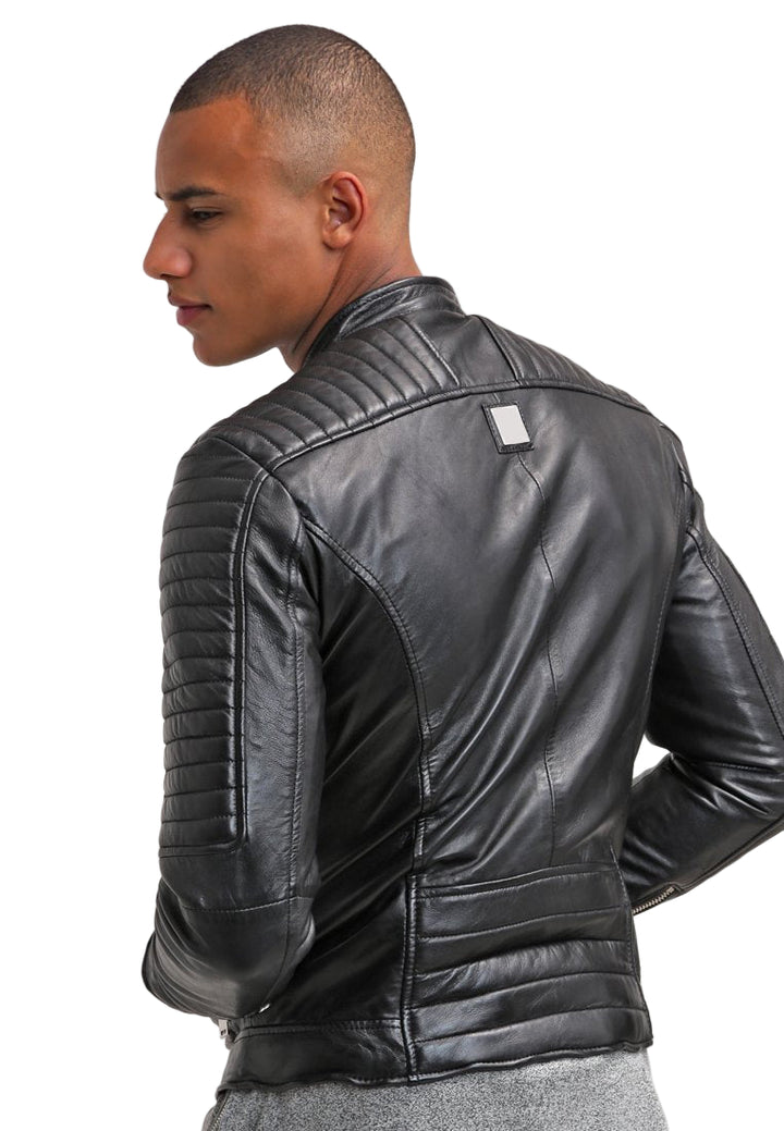 Men’s black quilted cowhide leather biker jacket with collar and zip closure