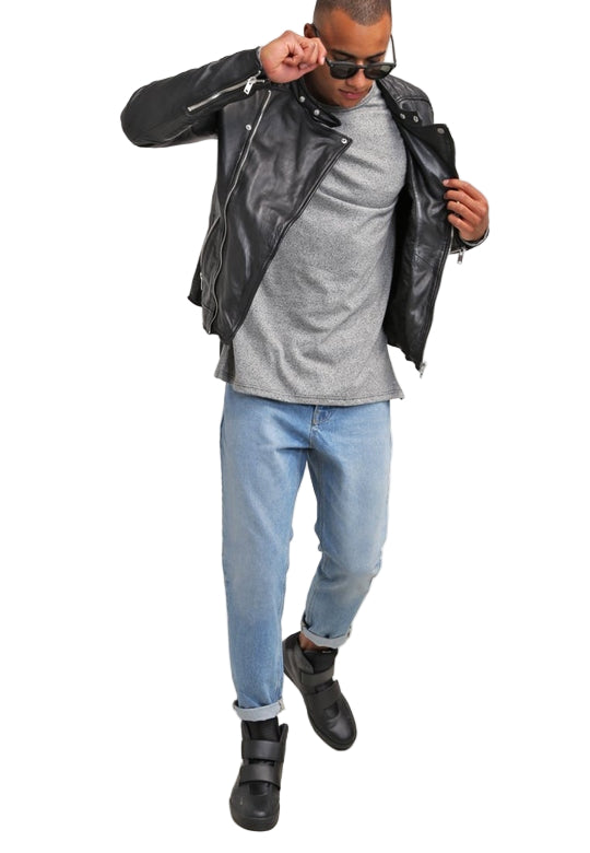 Men’s black quilted cowhide leather biker jacket with collar and zip closure