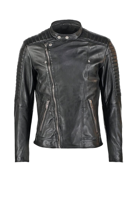 Men’s black quilted cowhide leather biker jacket with collar and zip closure