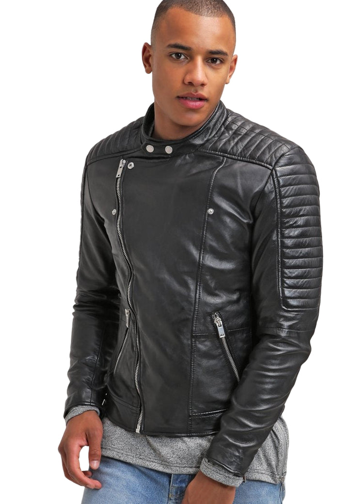 Men’s black quilted cowhide leather biker jacket with collar and zip closure