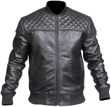 Men’s slim fit black leather jacket with quilted shoulders and ribbed cuffs by SouthBeachLeather