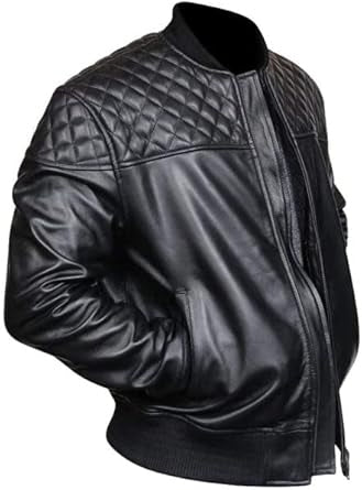 Men’s slim fit black leather jacket with quilted shoulders and ribbed cuffs by SouthBeachLeather