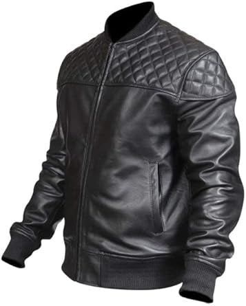 Men’s slim fit black leather jacket with quilted shoulders and ribbed cuffs by SouthBeachLeather