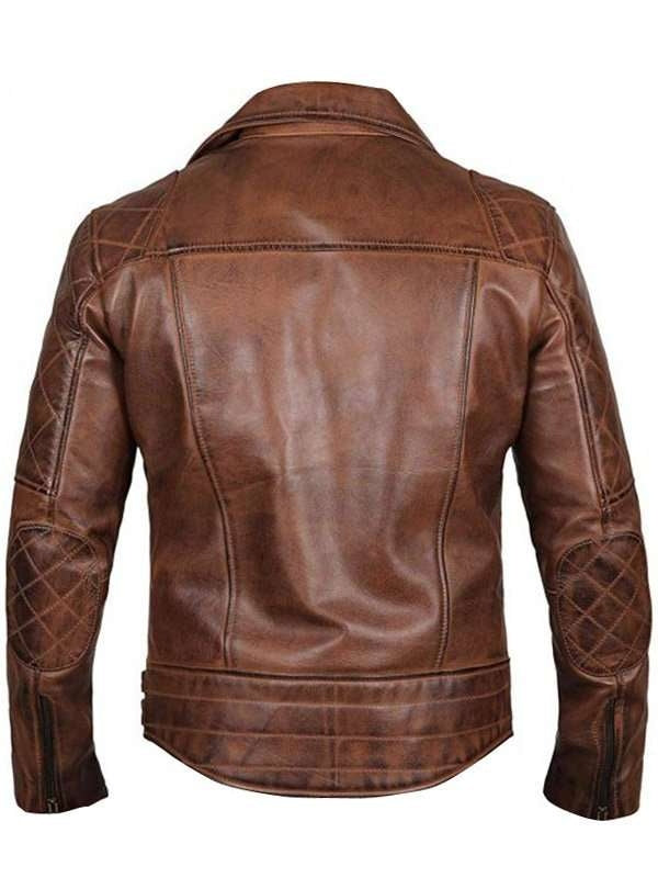 Men’s vintage brown distressed leather biker jacket with lapel collar and quilted diamond design