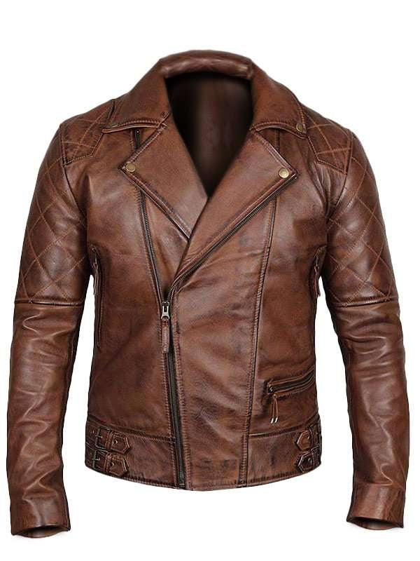 Men’s vintage brown distressed leather biker jacket with lapel collar and quilted diamond design