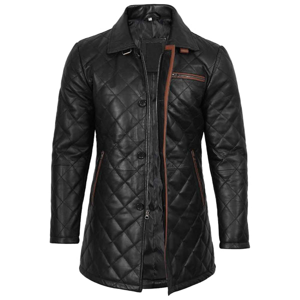 Men’s black diamond quilted lambskin leather car coat with brown buckle collar detailing