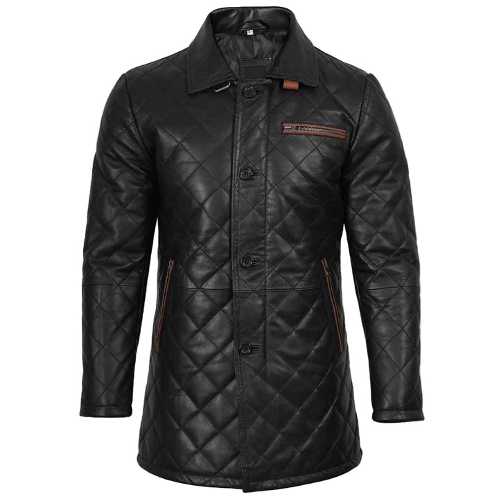 Men’s black diamond quilted lambskin leather car coat with brown buckle collar detailing