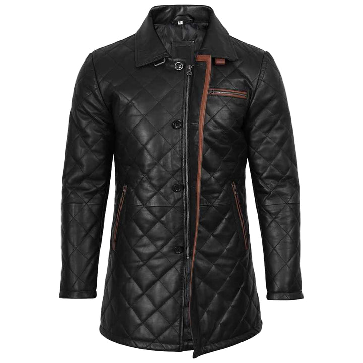 Men’s black diamond quilted lambskin leather car coat with brown buckle collar detailing