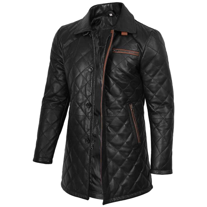 Men’s black diamond quilted lambskin leather car coat with brown buckle collar detailing