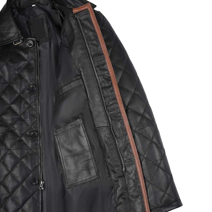 Men’s black diamond quilted lambskin leather car coat with brown buckle collar detailing