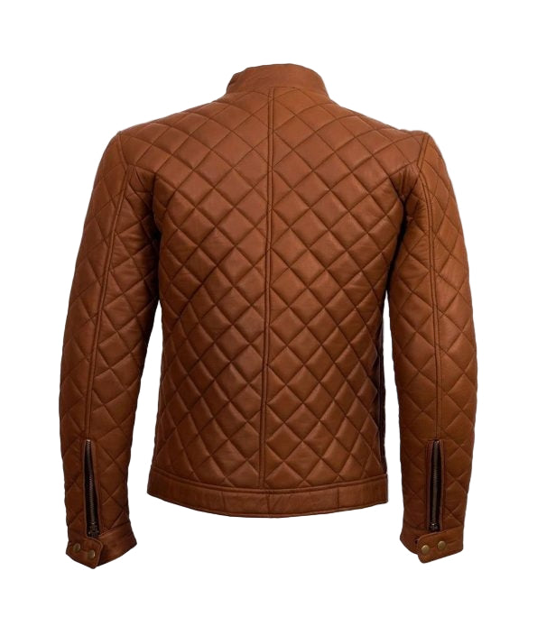 Men’s slim fit tan quilted leather biker jacket with brass zippers and hand-warmer pockets