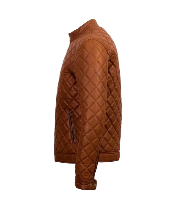 Men’s slim fit tan quilted leather biker jacket with brass zippers and hand-warmer pockets