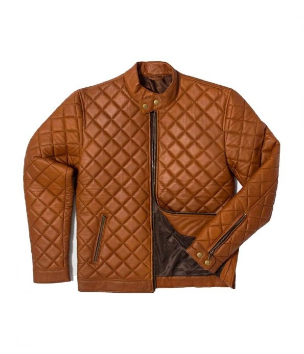 Men’s slim fit tan quilted leather biker jacket with brass zippers and hand-warmer pockets