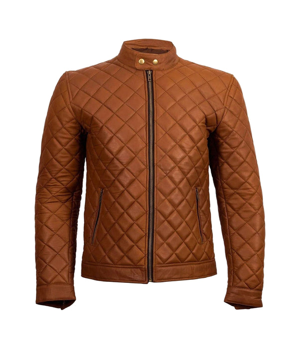 Men’s slim fit tan quilted leather biker jacket with brass zippers and hand-warmer pockets