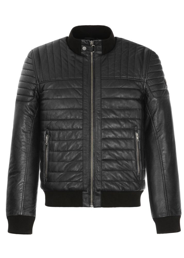 Men’s warm winter jacket in leather style with quilted padding and satin lining