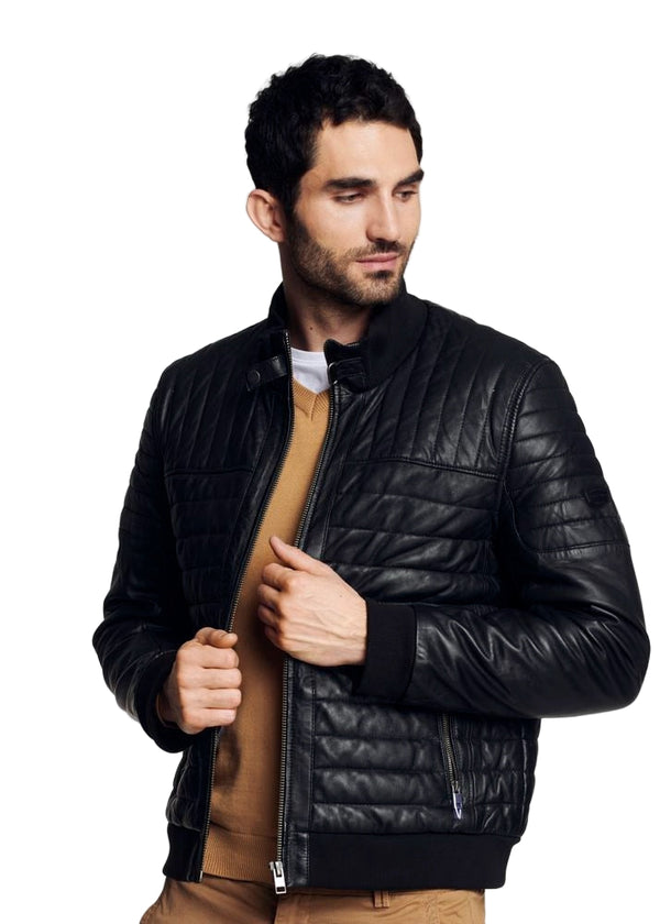 Men’s warm winter jacket in leather style with quilted padding and satin lining