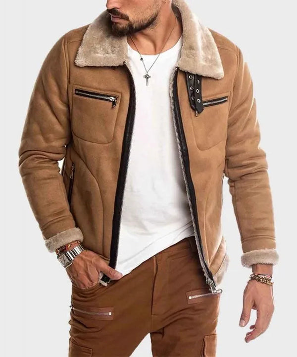 Men’s Brown Suede Leather Jacket with Shearling Collar