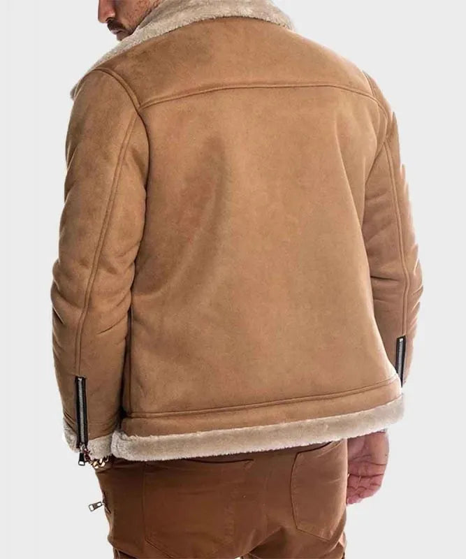 Men’s Brown Suede Leather Jacket with Shearling Collar