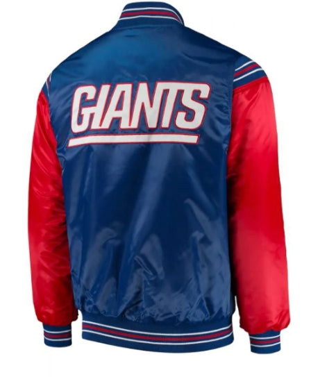 Back view of New York Giants Starter Jacket showing GIANTS text logo in white and red