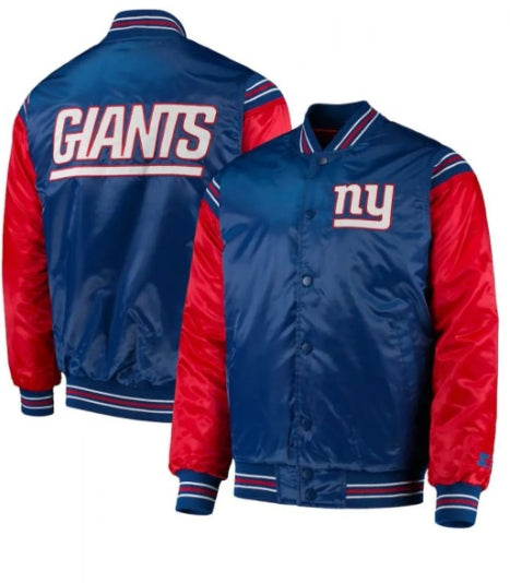 Front view of New York Giants Starter Jacket in blue and red satin with NY logo