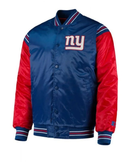 Front view of New York Giants Starter Jacket in blue and red satin with NY logo