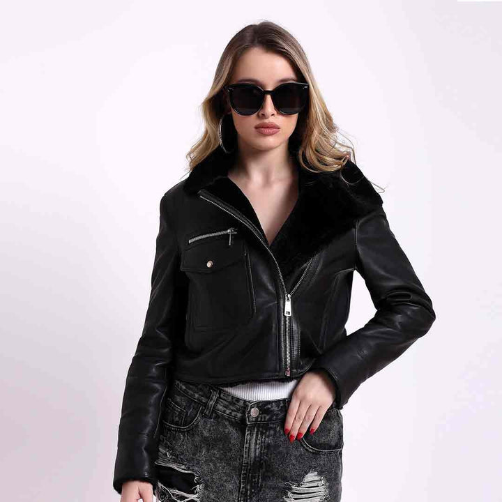 Fur Lined Black Leather Jacket for Women