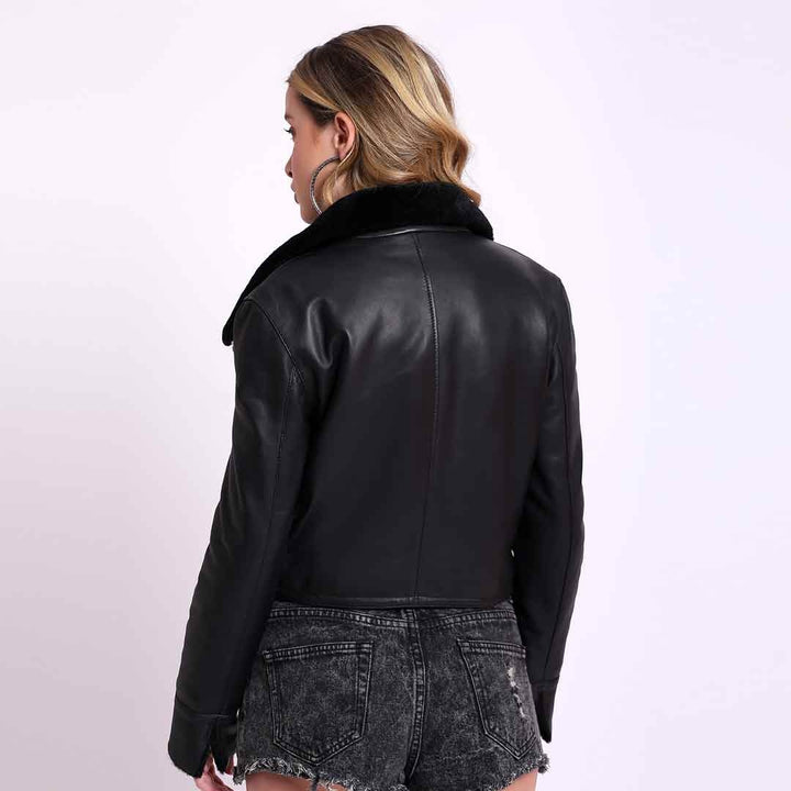 Fur Lined Black Leather Jacket for Women