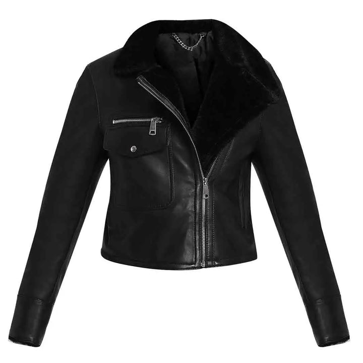 Fur Lined Black Leather Jacket for Women