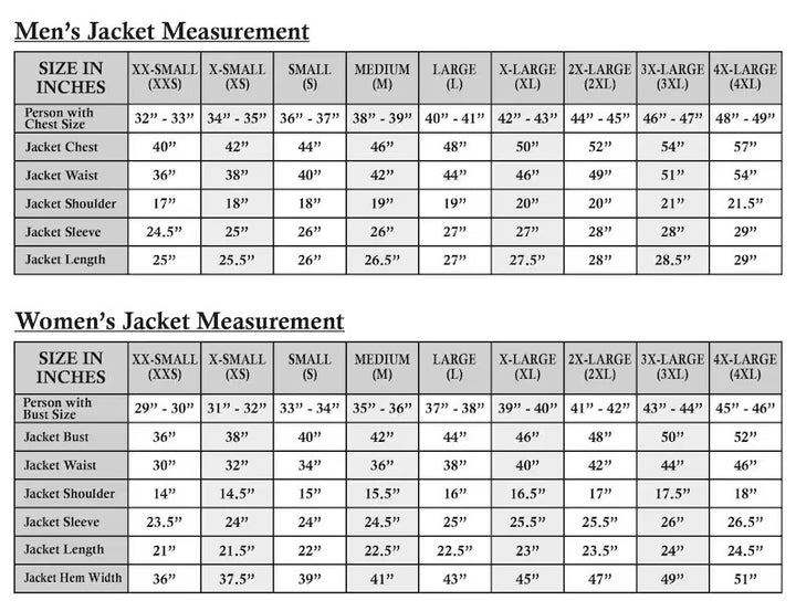 Measurement chart for men's and women's jackets in inches