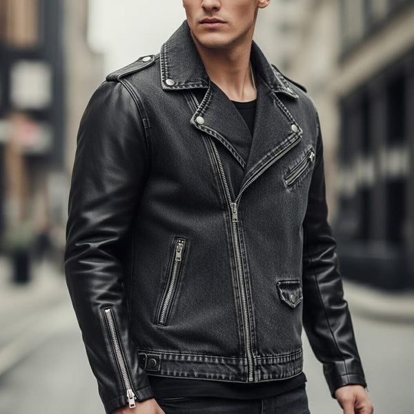 Motorcycle-style hybrid denim and leather jacket for men