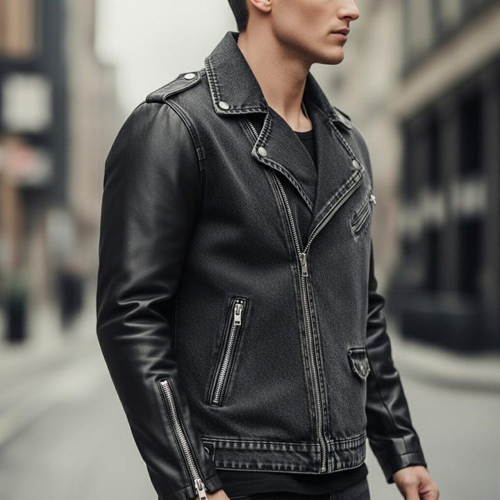 Motorcycle-style hybrid denim and leather jacket for men