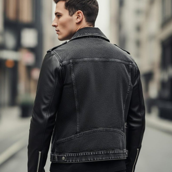 Motorcycle-style hybrid denim and leather jacket for men