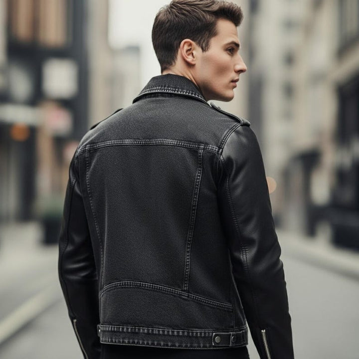 Motorcycle-style hybrid denim and leather jacket for men