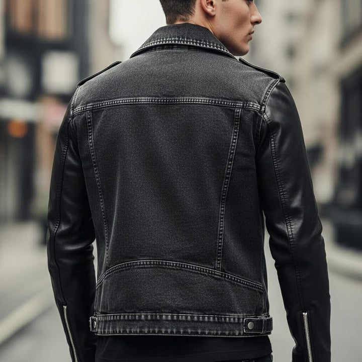 Motorcycle-style hybrid denim and leather jacket for men