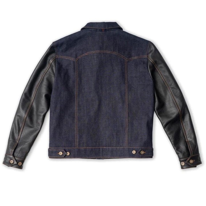 Men’s denim trucker jacket with black leather sleeves and button closure