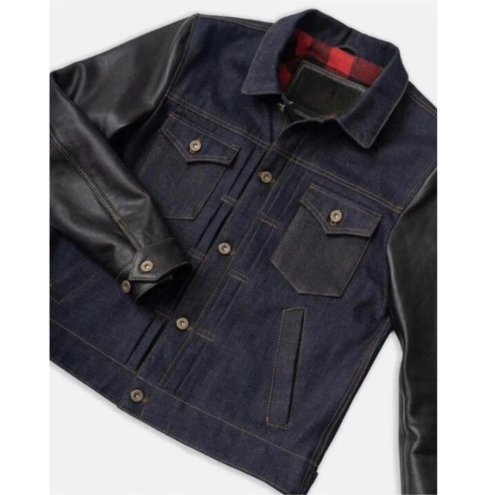 Men’s denim trucker jacket with black leather sleeves and button closure