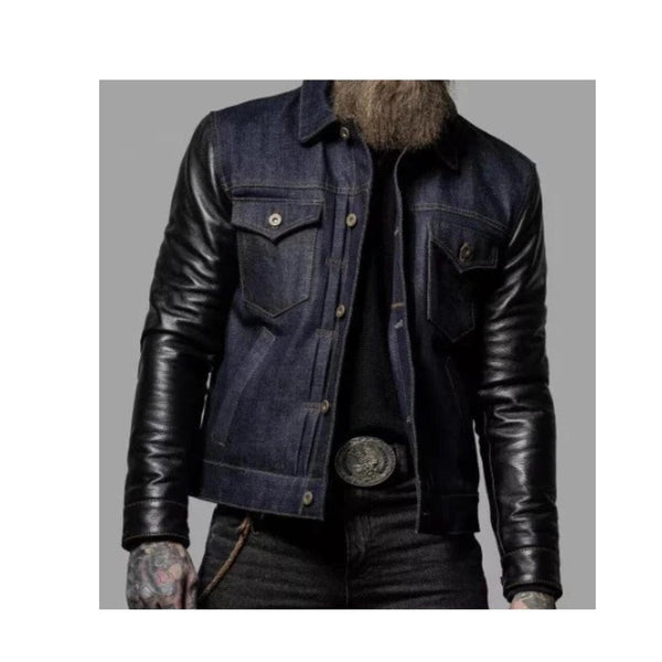 Men’s denim trucker jacket with black leather sleeves and button closure