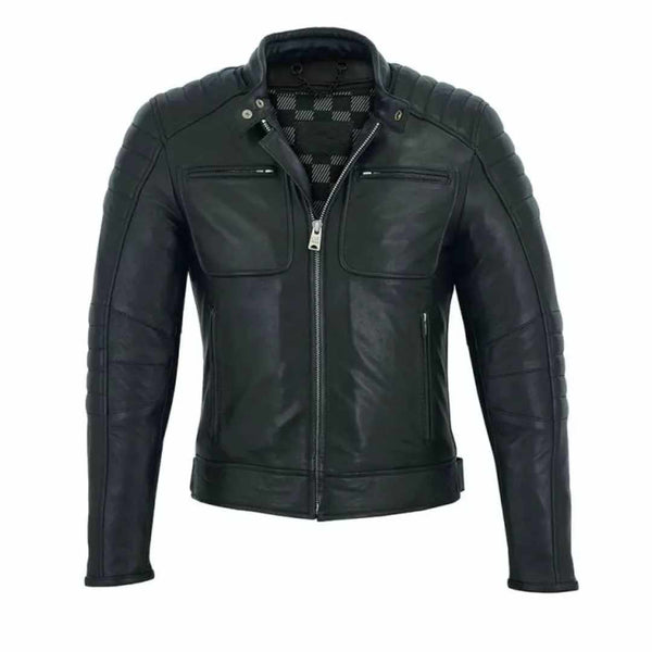 Front view of gentleman rider jacket with racing neck and padded shoulders