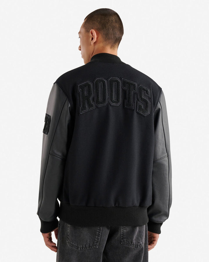 Men’s Vintage Varsity Jacket with leather sleeves and chenille crests – classic collegiate style.