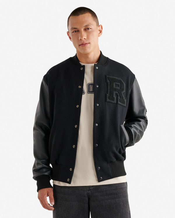 Men’s Vintage Varsity Jacket with leather sleeves and chenille crests – classic collegiate style.