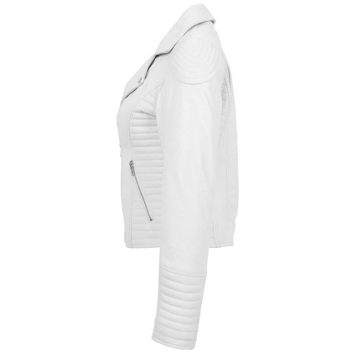 Women’s White Cross Zip Lambskin Leather Biker Jacket – Anna Style