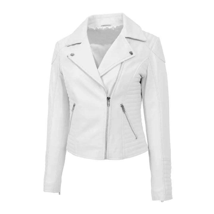 Women’s White Cross Zip Lambskin Leather Biker Jacket – Anna Style