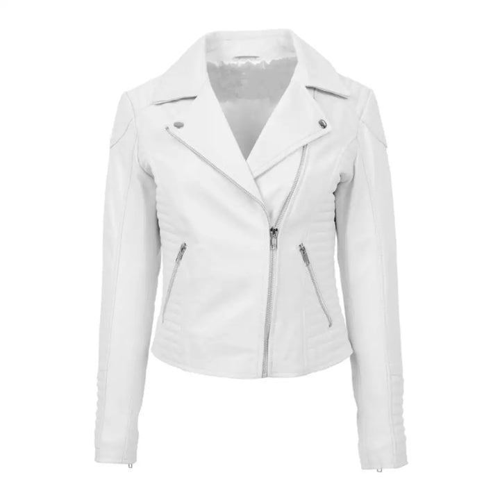 Women’s White Cross Zip Lambskin Leather Biker Jacket – Anna Style
