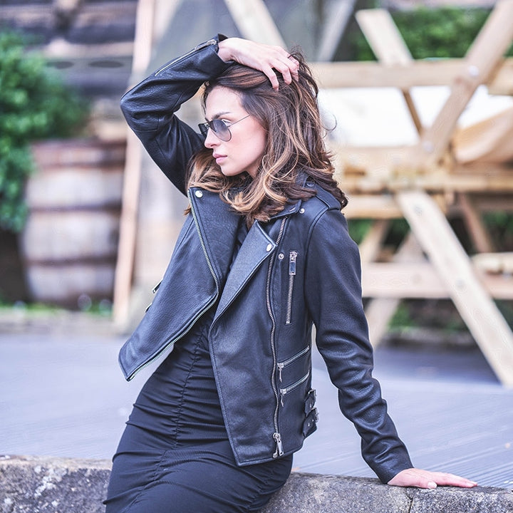 Asymmetric Women’s Black Sheepskin Leather Biker Jacket