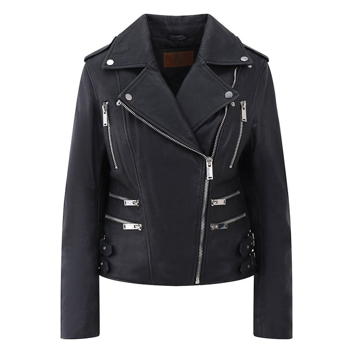 Asymmetric Women’s Black Sheepskin Leather Biker Jacket