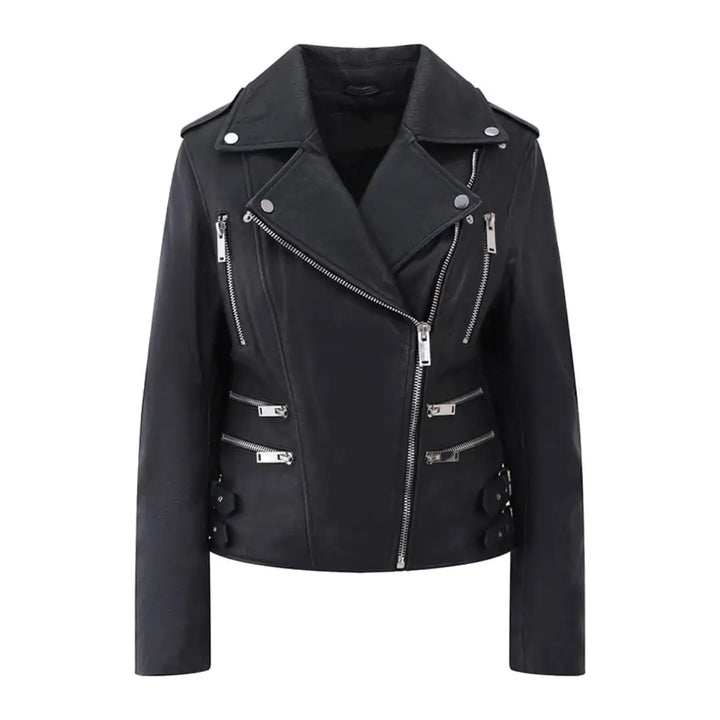 Asymmetric Women’s Black Sheepskin Leather Biker Jacket