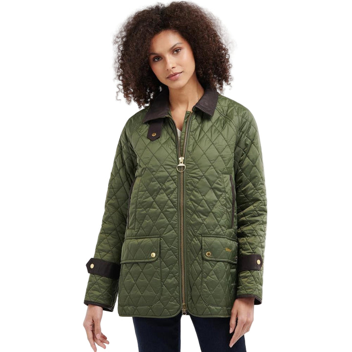 Women’s Olive Diamond Quilted Barbour Jacket with Leather Trim