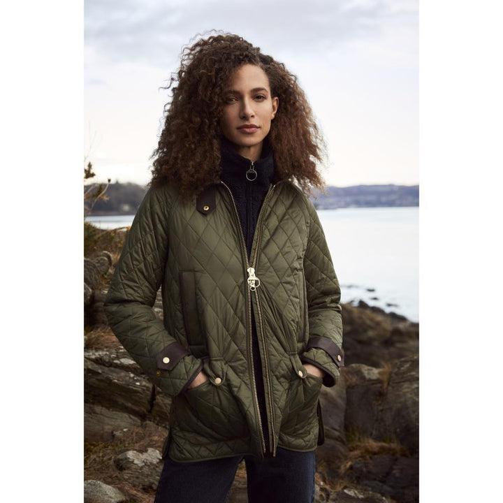 Women’s Olive Diamond Quilted Barbour Jacket with Leather Trim