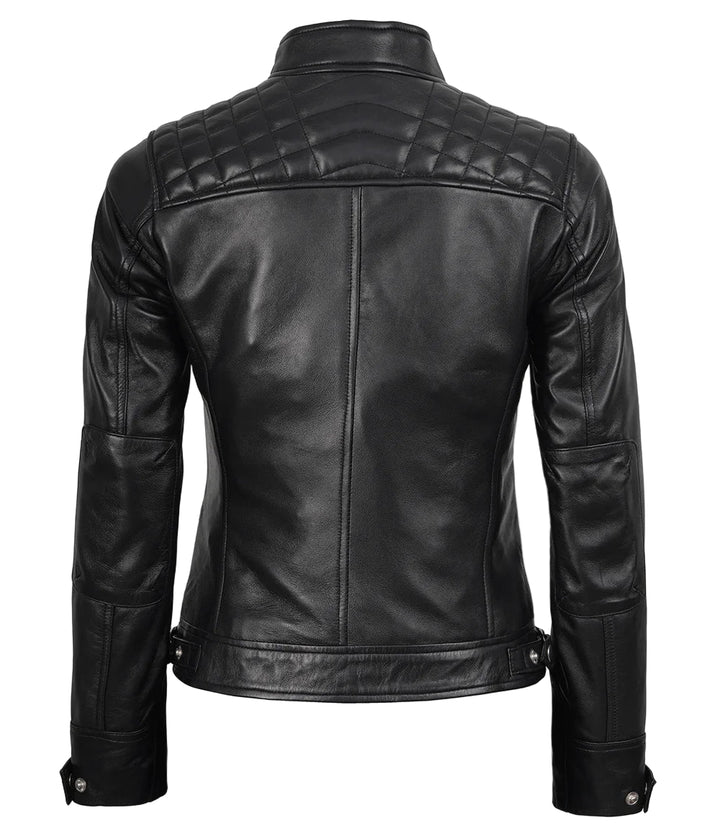 Women’s Lambskin Black Biker Jacket with Diamond Quilted Shoulders