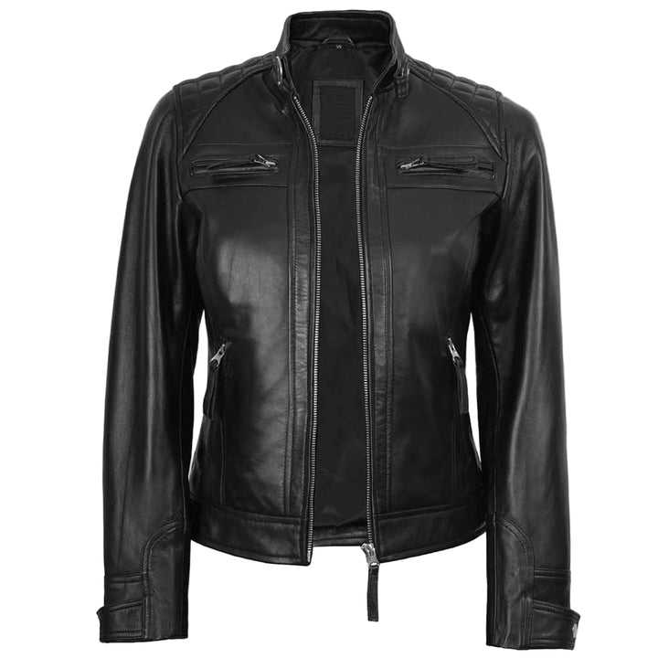 Women’s Black Quilted Café Racer Leather Jacket Front View